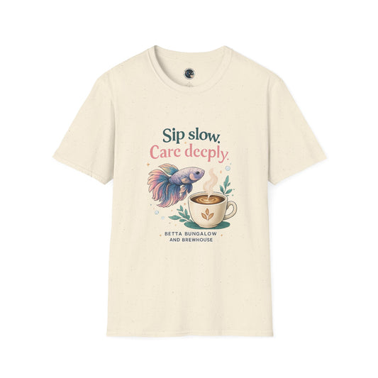 Sip Slow Care Deeply T-Shirt — Vintage Betta Fish Coffee Tee